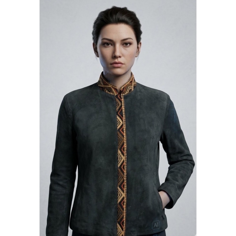 Botticelli Womens Green Suede Jacket Embroidered Trim Mandarin Collar Zip Up